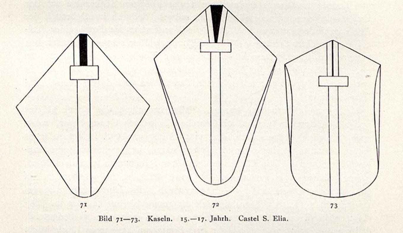 Paramente: Kaseln im Verlauf der zeitlichen Entwicklung. Aus: Josef Braun 1912, S. 131. Textilrestaurierung Lyko